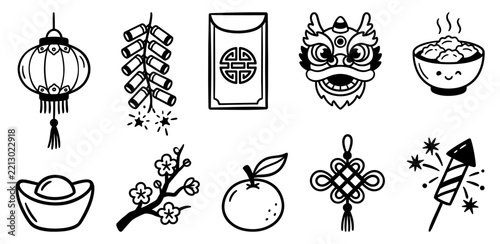 Traditional Chinese New Year cultural symbols doodle icons set