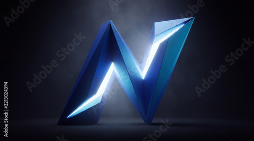 A sharp, geometric, 3D letter N design in blue with a bright neon blue glow accentuating its edges, set against a dark, smoky background.