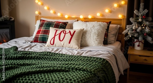 Cozy bedroom decorated for christmas with festive string lights