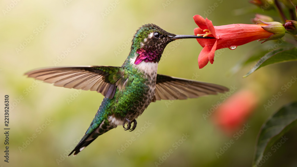 Fototapeta premium A small hummingbird with iridescent green feathers and a purple throat hovers near a bright red flower to feed on nectar in a garden setting