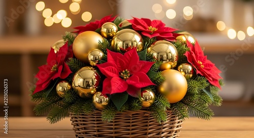 Wicker basket filled with red poinsettia flowers and gold christmas baubles