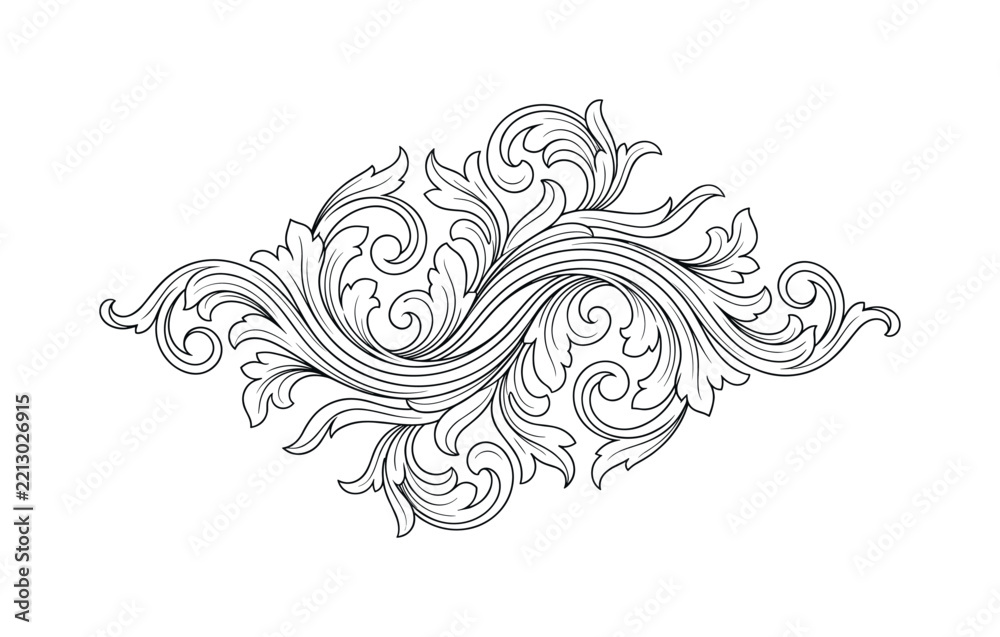 Fototapeta premium Elegant black and white ornamental flourish with intricate swirling acanthus leaf design elements