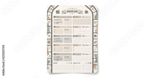 Log journaling page template with strip border, cinema icons, and fields for title, date, rating, cast, and watch list in a neutral beige color palette