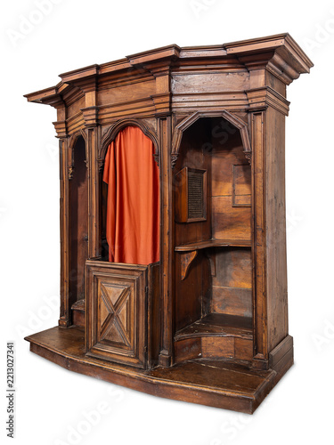 Obraz na plátně Ancient Baroque style wooden confessional booth from Catholic church, featuring