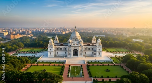 Victoria memorial palace aerial view showcasing grand architecture in kolkata cityscape at golden hour