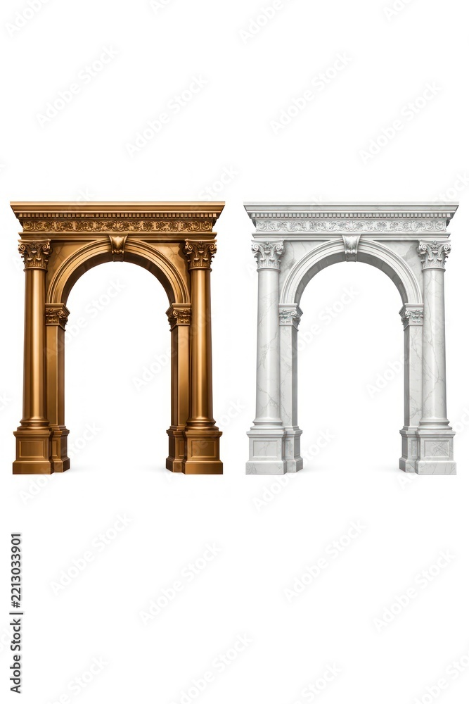 Fototapeta premium Two ornate arches, one gold and one marble, with intricate detailing.
