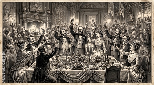 Victorian Era Banquet Celebration with People Toasting and Feasting