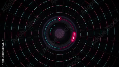 Abstract digital HUD interface with rotating neon circular elements