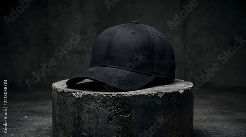Black baseball cap mockup on a textured concrete pedestal