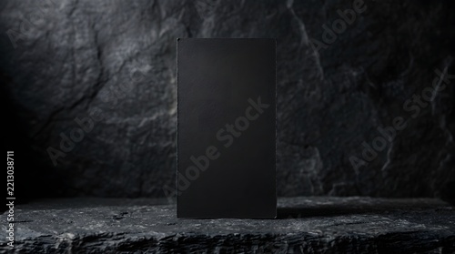 Black rectangular product display stand on a dark stone textured