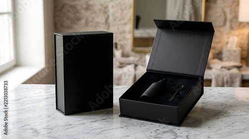 Black luxury gift box with cosmetic bottle on a marble table surface
