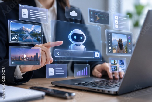 Generative AI creative content concept with a business professional using a laptop interface for prompt-based media creation, automation, digital design workflow, and productivity.