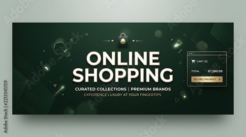 Cyber Monday online shopping banner with luxury gold and dark green