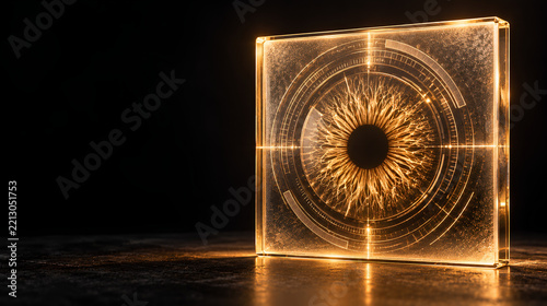 Frosted glass pane deeply laser etched with an abstract biometric iris pattern