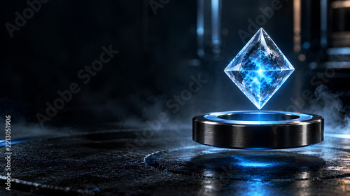 Glowing icy blue crystal octahedron levitating above a dark titanium magnetic ring