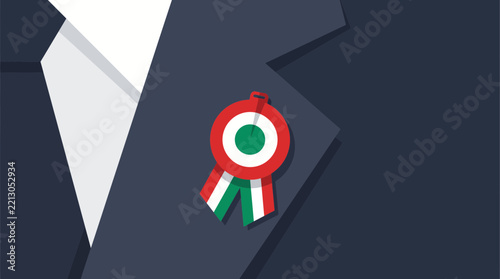 A formal business suit jacket lapel with an Italian tricolor cockade pin attached.