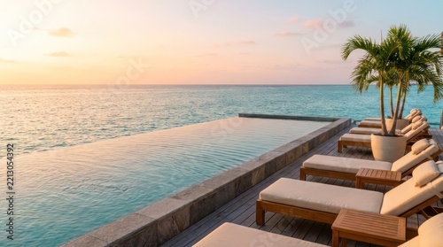 Infinity swimming pool overlooking the ocean at sunset with lounge chairs