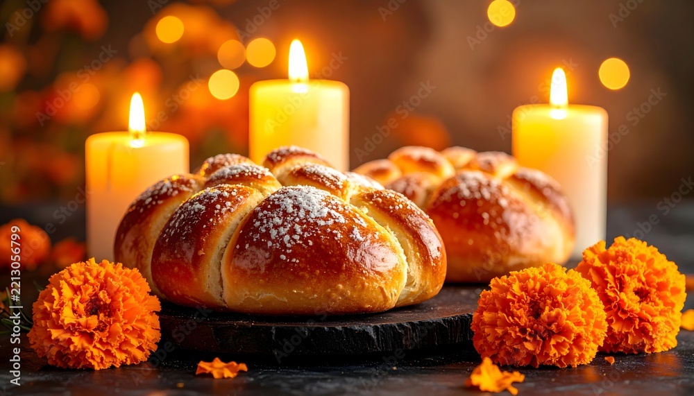 Fototapeta premium Pan de muerto con velas y cempasúchil en ambiente de Día de Muertos