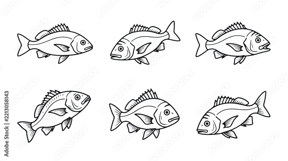 Obraz premium Grunt Fish Line Art Vector Set for Commercial Fishing and Aquatic Life Graphics 