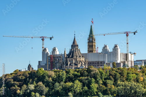 Parliament Hill in Ottawa, Canada Under Restoration with Construction Cranes and Peace Tower
