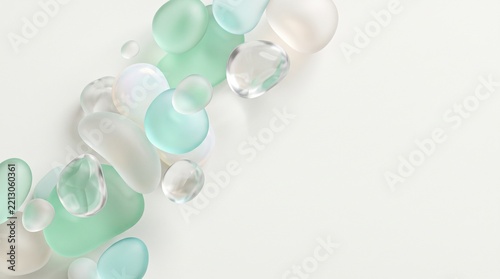 Abstract glass stones floating with soft green mint pastel tones inside minimalist studio background