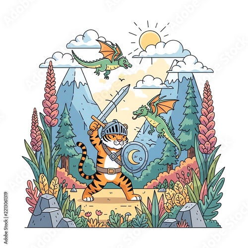 Tiger Knight Fights Dragons in Fantasy Landscape.