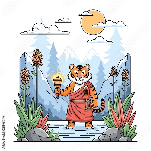 Tiger Monk with Torch in Mountain Landscape.