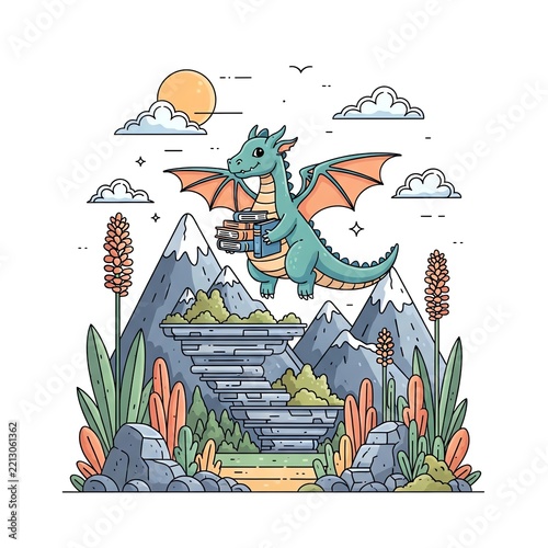 Whimsical Dragon Flying with Books Over Fantasy Mountains.