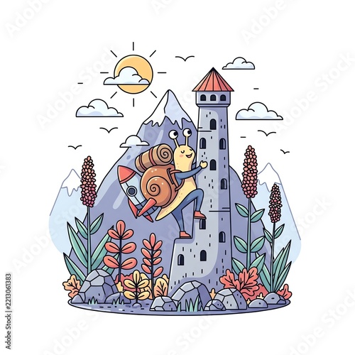 Whimsical Snail Climbs Tower on Mountain.