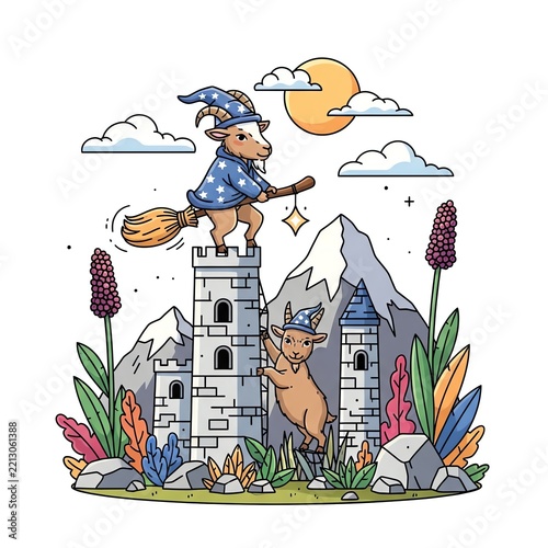 Whimsical Wizard Goats Flying Castle Fantasy Illustration.