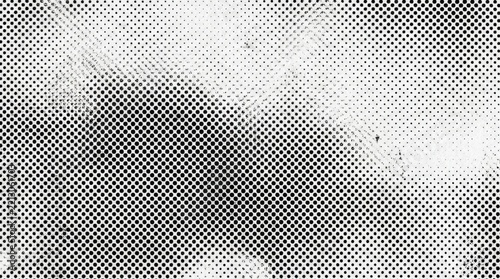 Black and white halftone dot pattern with distressed grunge texture, vintage newspaper print effect, and grainy noise overlay background