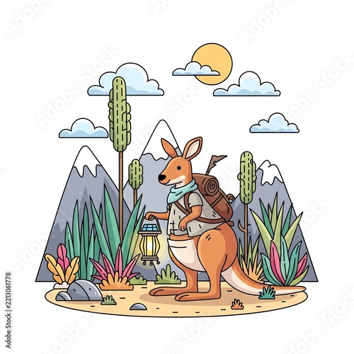 Kangaroo Explorer in Mountain Landscape with Lantern.