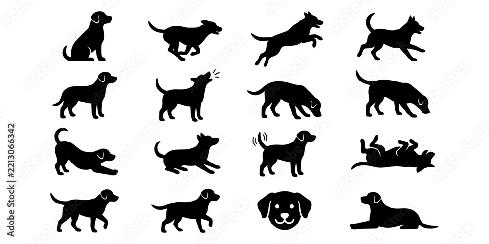 Fototapeta premium Cute cartoon dog characters set with various poses and expressions in a flat vector style, Collection of black and white cute puppy and dog silhouette icons in various playful poses
