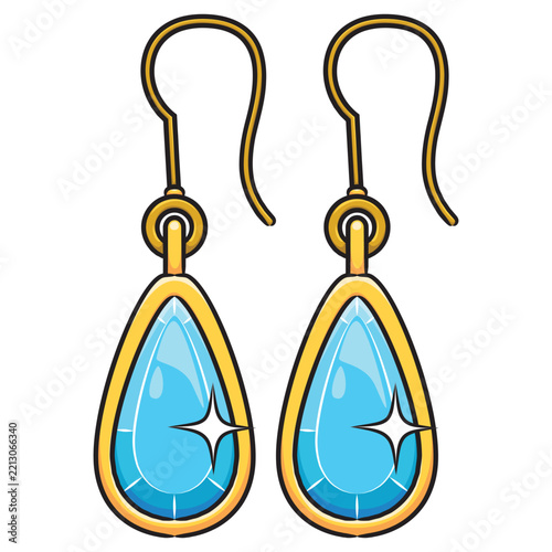 A cartoon illustration of a pair of gold earrings with blue gemstone pendants