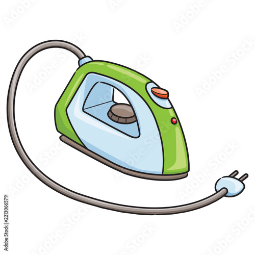 A cute and adorable cartoon illustration of a green electric iron.