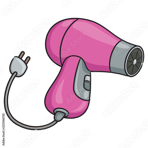 A cute cartoon illustration of a pink hair dryer.