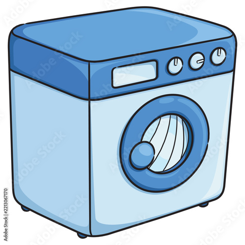 A cute blue and white cartoon illustration of a washing machine.