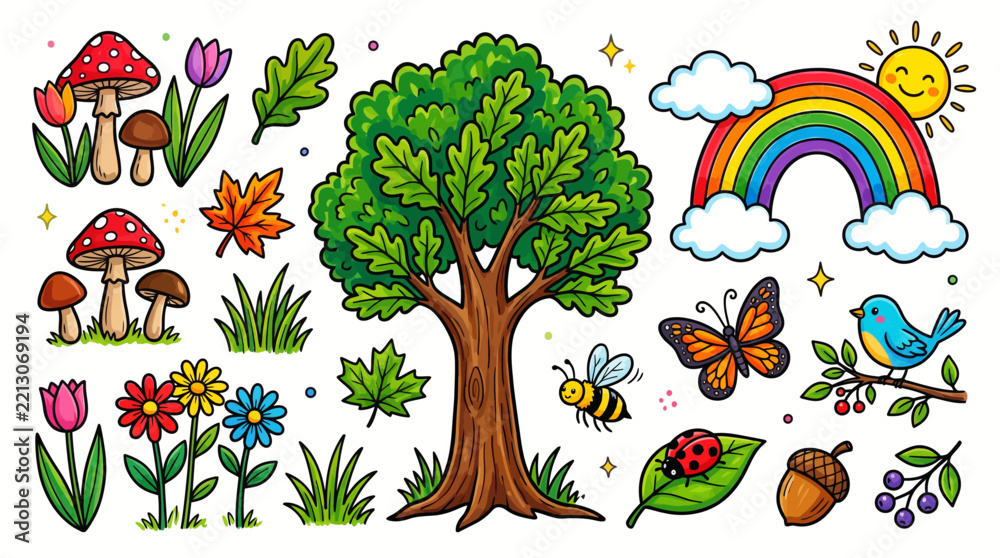 Fototapeta premium Colorful Nature Doodle Collection with Tree, Flowers, Mushrooms, and Cute Animals for Children's School Art