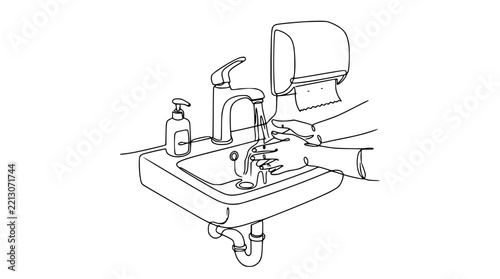 Handwashing Hygiene: Hands being washed under faucet, soap dispenser, paper towel dispenser