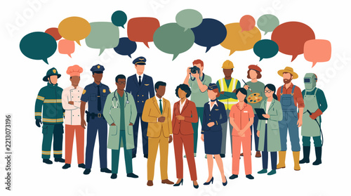 Diverse professional group illustration showcasing various career occupations, colorful speech bubbles and workplace diversity, concept for public discussion and professional communication