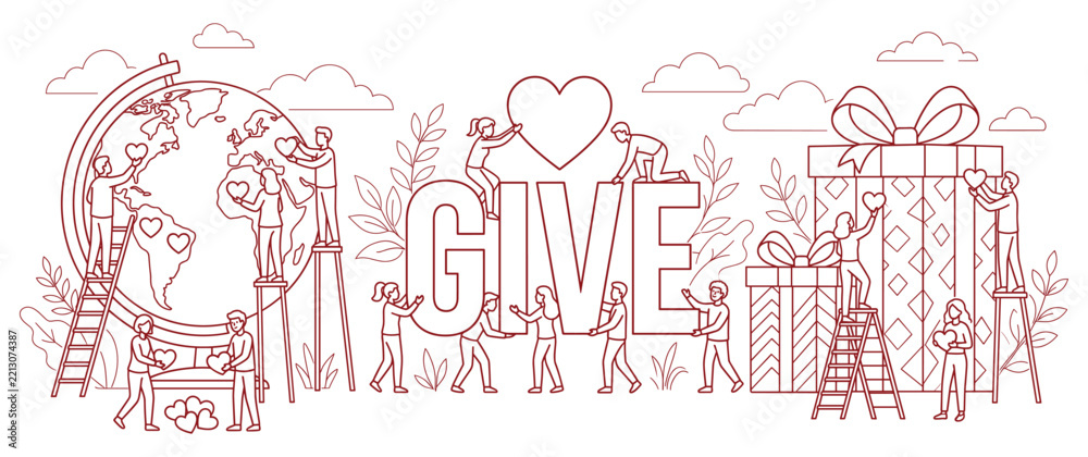 Fototapeta premium Volunteers helping global community with charitable gifts and hearts for social care themes.