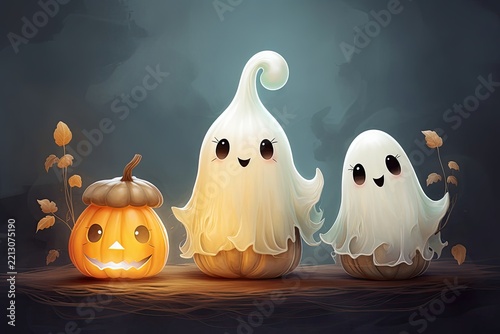 Cute Ghosts and a Jack O'lantern Create a Fun Halloween Scene Generative AI