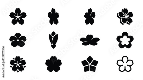 Collection of various stylized black and white flower designs with transparent backgrounds