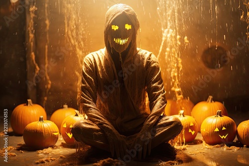 Creepy Ghoul Sits Among Jack O Lanterns in Halloween Setting Generative AI