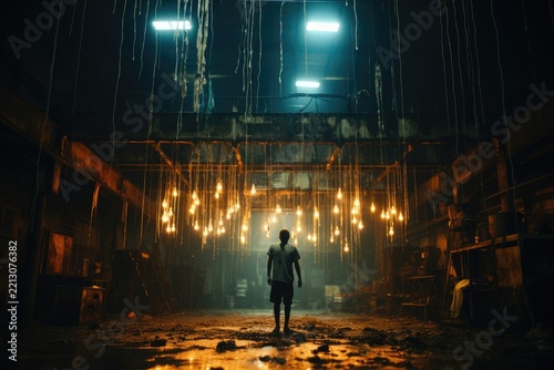 Mysterious Figure Stands in a Dark Space Filled With Hanging Lights Generative AI