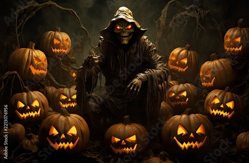 Dark Figure With Jack O Lanterns in a Spooky Halloween Scene Generative AI