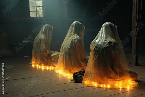 Halloween Scene With Figures in Light-Up Costumes Sitting Quietly Generative AI