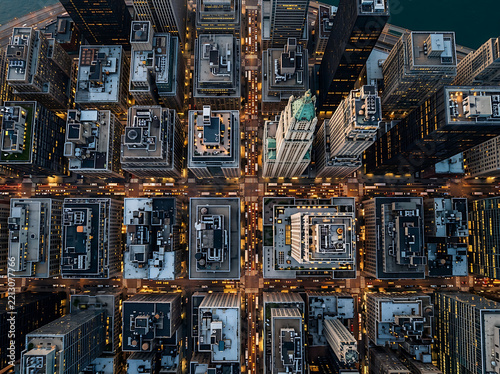 Modern cityscape aerial view showcasing illuminated financial