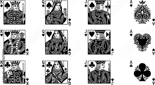 Vintage Playing Card Face Collection Vector Set with Kings Queens Jacks and Ornate Spade Ace Design