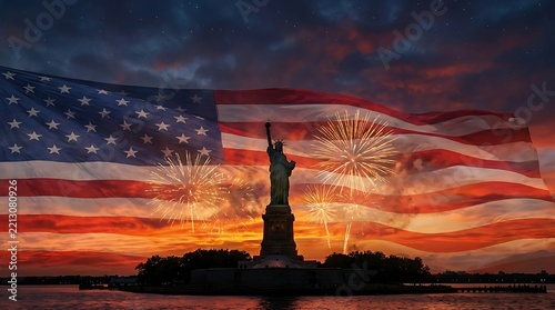 Statue of Liberty in New York City with dramatic fireworks and American flag overlay